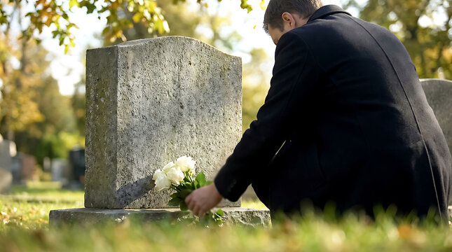 Mourning man kneeling and placing white roses at a blank gravestone in a cemetery. Copy space on headstone for text