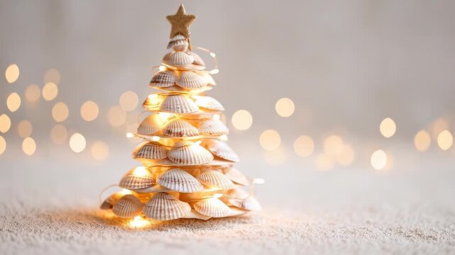 ?Illuminated seashell christmas tree with twinkling lights in festive setting