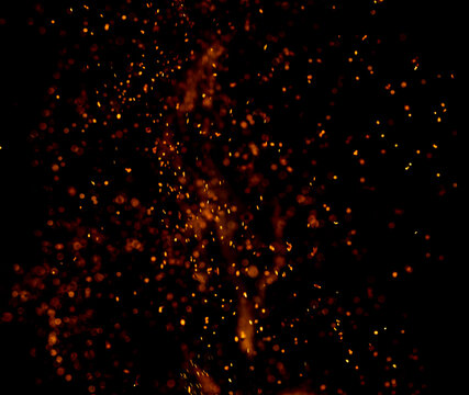 Golden sparks drift against a deep black background