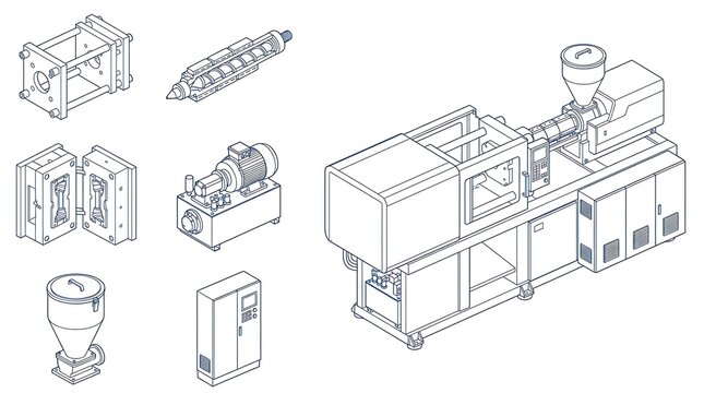 Isometric plastic injection molding machine diagram with individual components