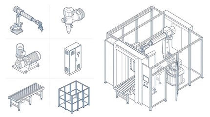 Fototapeta premium Industrial automation system components and robotic manufacturing cell isometric line drawing set