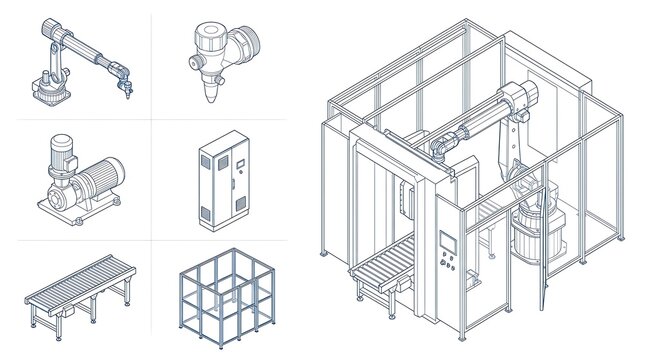 Industrial automation system components and robotic manufacturing cell isometric line drawing set