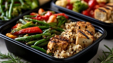 Fototapeta premium Vibrant meal prepa n containers filled with roasted vegetables quinoa and tofu create an immersive scene of healthy food