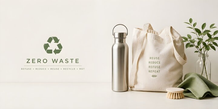 Zero waste lifestyle kit with reusable cotton tote bag, stainless steel water bottle and eco friendly cleaning tools, sustainable living concept