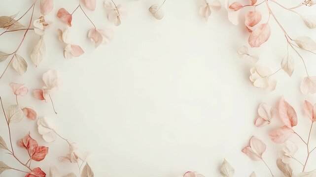 Dried flowers are arranged on a table surface to create a simple art project. Soft colors and natural materials are used to design a frame. Time is spent focusing on crafting