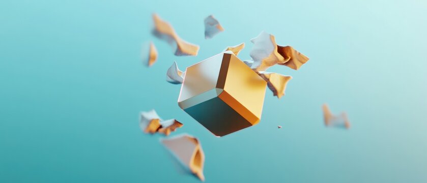Golden cube and white fragments abstract 3 d render