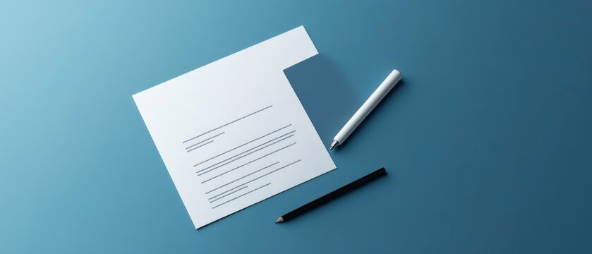 White paper sheet with pen and pencil on blue background