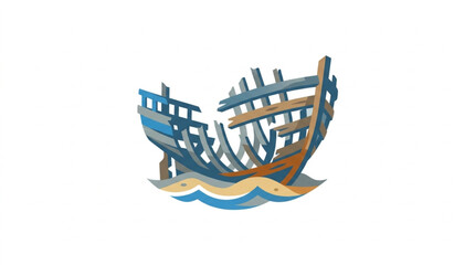 Fototapeta premium Broken wooden shipwreck on a sandy shore with waves.