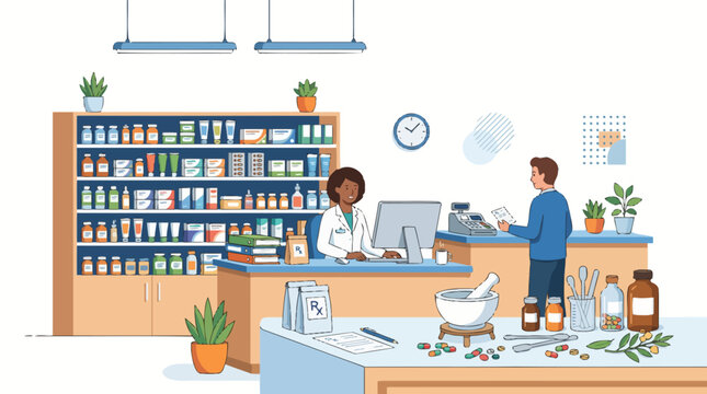 Modern pharmacy interior with pharmacist and customer at counter