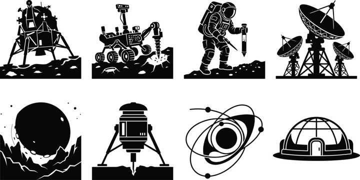 Space exploration and astronomy icon set with astronaut lunar lander rover and satellite dish