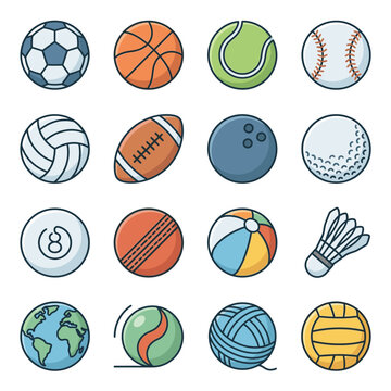 Colorful collection of various sports and game balls.