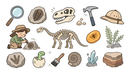 Paleontologist with dinosaur fossils tools. © Kai_
