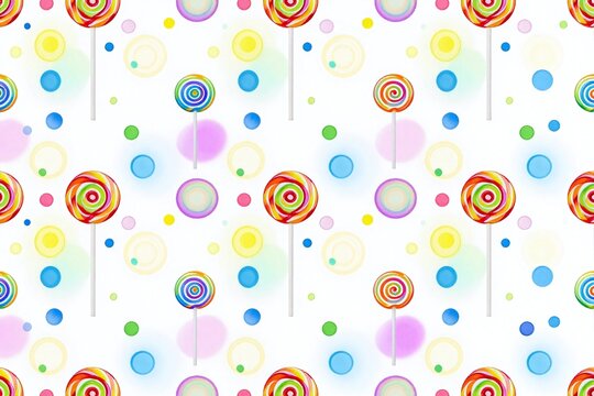 A pattern of colorful lollipops on a purple background