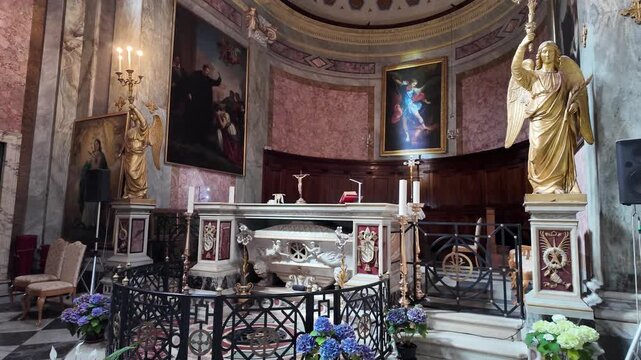 Aesthetic cinematic view of the altar in Sant'Angelo in Pescheria Rome
