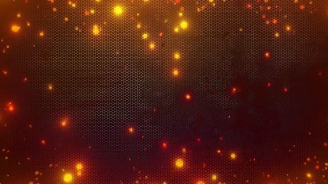 Abstract red and orange background with honeycomb pattern and glowing particles.