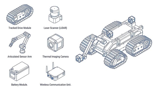 Modular robotic components and assembled autonomous ground vehicle in detailed isometric line art style