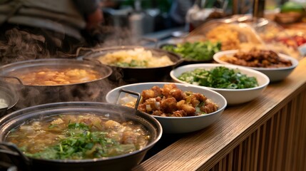 Obraz premium An organized food vendor counter with steaming soup pots and clear sneeze guards creating a natural elegant market scene