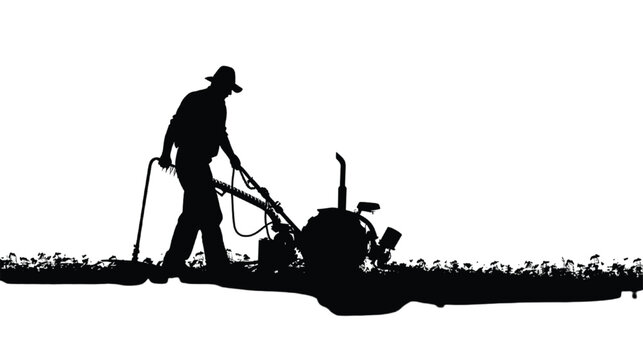Farmer operates a walk-behind tractor to till the soil in an agricultural field during the morning.