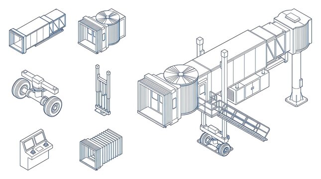 Isometric set of airport jet bridge components and technical equipment for aviation infrastructure design