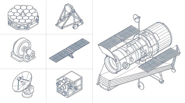 Isometric set of space exploration equipment and satellite components for aerospace engineering design
