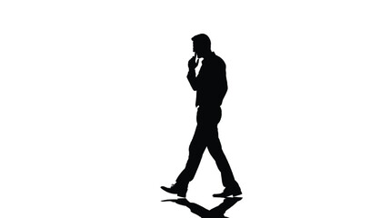 Obraz premium Businessman walking forward in profile while holding a mobile phone to his ear against a white backdrop.