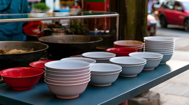 A clean and organized outdoor noodle stall display featuring neatly arranged serving bowls and clear sneeze guards