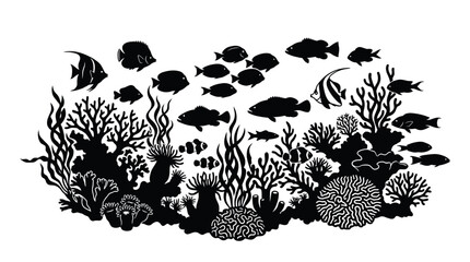Black Silhouette Of Tropical Fish And Coral Reef Scene © Kobita