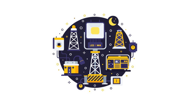 Industrial Light Tower and Portable Generator Illustration for Construction Site at Night