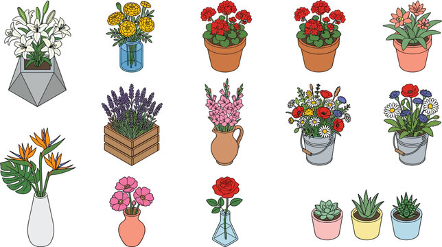 Gardening and Floristry Vector Icon Set with Potted Flowers Succulents Roses Lilies and Bouquets in Vases for Botanical Plant Shop Designs