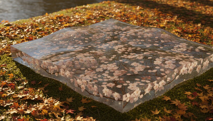Naklejka premium Transparent, wavy square block with embedded cherry blossoms, placed on mossy ground with autumn leaves by water, an artistic blend of nature and abstract design / 桜の花が封じ込められた透明なアートピースが秋の自然に溶け込む風景