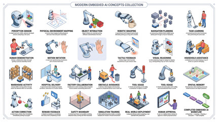 Fototapeta premium Comprehensive Collection of Modern Robotics and AI Concepts Automation, Smart Manufacturing, and Human-Robot Interaction Solutions