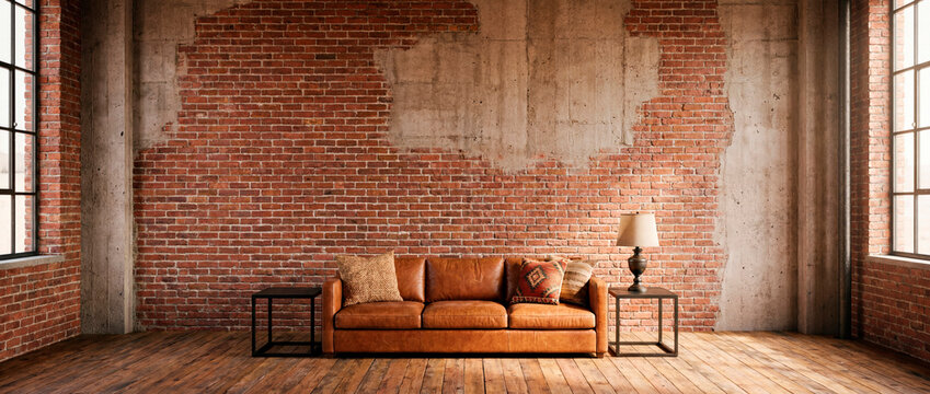 Cognac leather sofa in industrial loft with distressed brick and concrete wall