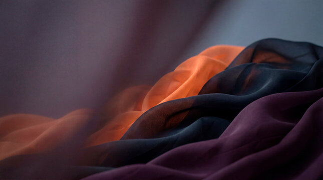 Flowing translucent chiffon fabric waves in orange black and purple Halloween tones