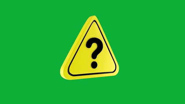 3D Rotating Yellow Triangular Question Mark Sign Animation on Green Screen Chroma Key, Concept of FAQ, Quiz, Uncertainty, Warning, Info, and Decision Making