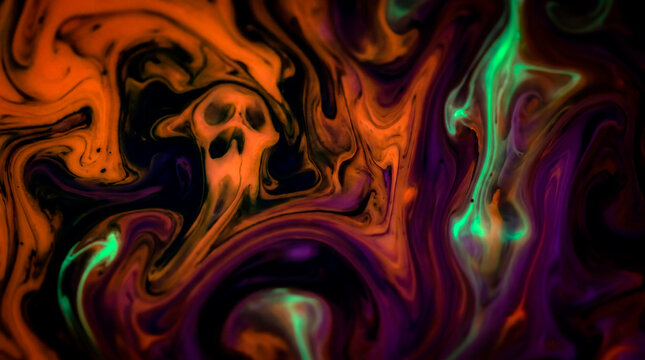 Psychedelic liquid marble swirl forming eerie skull in orange purple Halloween colors