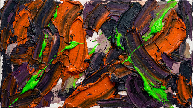Textured oil paint brushstrokes in orange purple and green Halloween color palette
