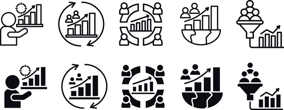 Business growth icons with graphs people and cycles on transparent background.