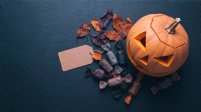 Carved jack-o-lantern pumpkin with wrapped candy and blank tag on dark slate
