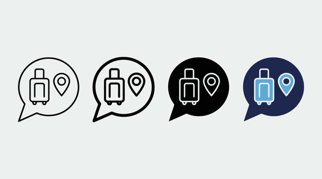 Set of four travel map location pin icons featuring suitcase inside speech bubble shape flat.