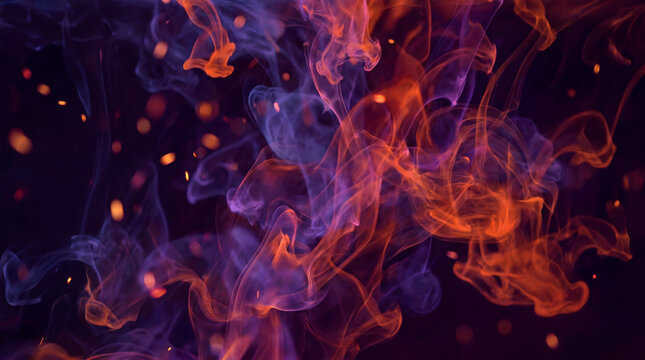 Swirling orange and purple smoke abstract on dark moody Halloween background