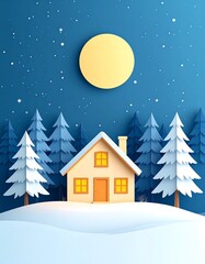 Fototapeta premium Halloween Illustration And Painting Spooky Minimalist Cozy House in Snowy Forest Under Full Moon Paper Cut Illustration of Winter Night Landscape For Seasonal Holiday Design