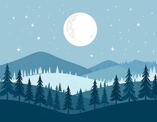 Obraz premium Halloween Illustration And Painting Spooky Minimalist Full Moon Over Mountain Forest Landscape at Night Flat Illustration Featuring Tranquil Starry Sky And Pine Trees