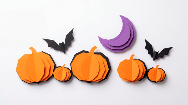 Paper craft Halloween pumpkins with black bats and purple moon on white background
