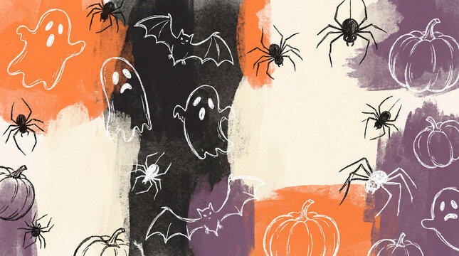 Hand drawn Halloween pattern with ghosts bats spiders and pumpkins on painterly background