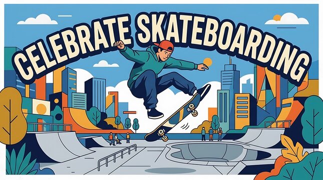 Flat vector of skateboarder mid-air trick, text &ldquo;Celebrate Skateboarding&rdquo;