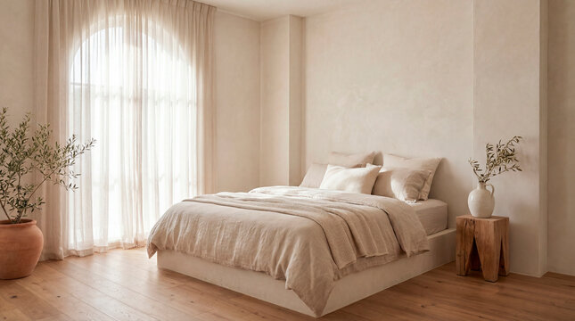 Calm minimalist bedroom with arched window sheer curtains and linen bedding