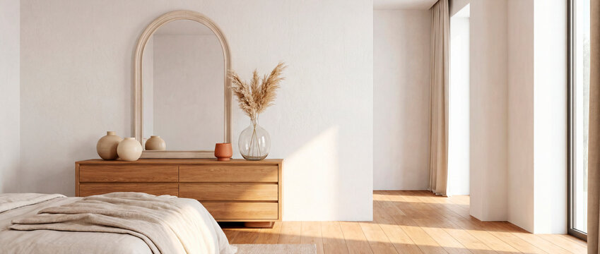 Warm minimalist bedroom with wooden dresser arched mirror and pampas grass
