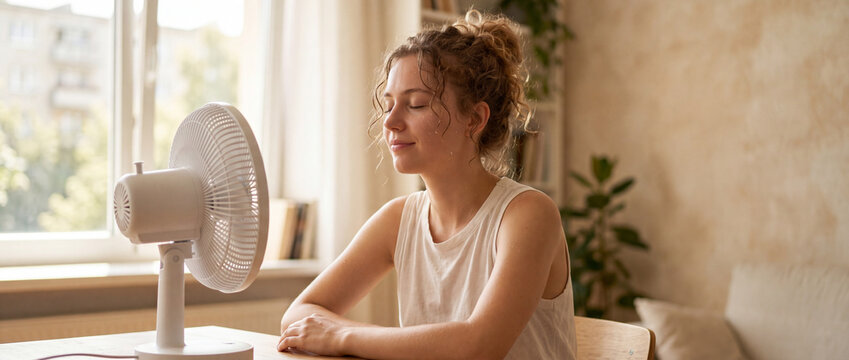 Young woman feeling the heat and seeking relief from a desk fan on a hot summer day, showing sweat and a relaxed expression as she enjoys the cool breeze indoors for commercial technology