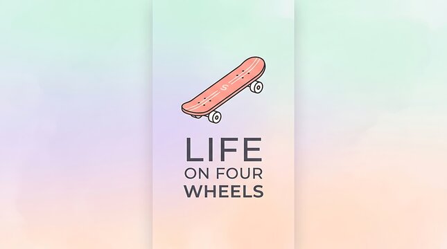 Minimal pastel background, skateboard emblem, words &ldquo;Life on Four Wheels&rdquo;