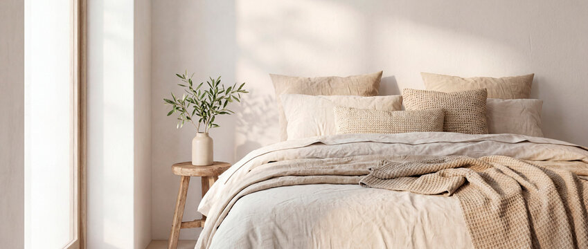 Cozy bedroom detail with layered linen bedding and olive branch in morning light